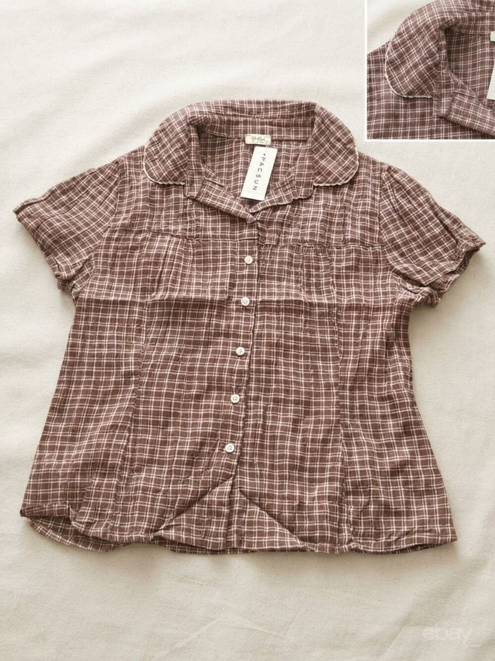 Brown Plaid Short Sleeve Button-Up Shirt NWT Classic Neutral Everyday Style - Picture 5 of 7